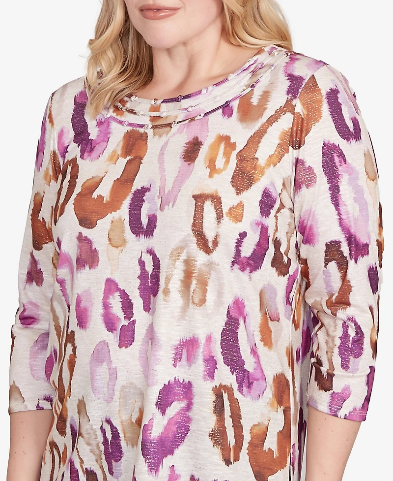 Alfred Dunner Women's Urban Legend Dramatic Animal Three Quarter Sleeve Top