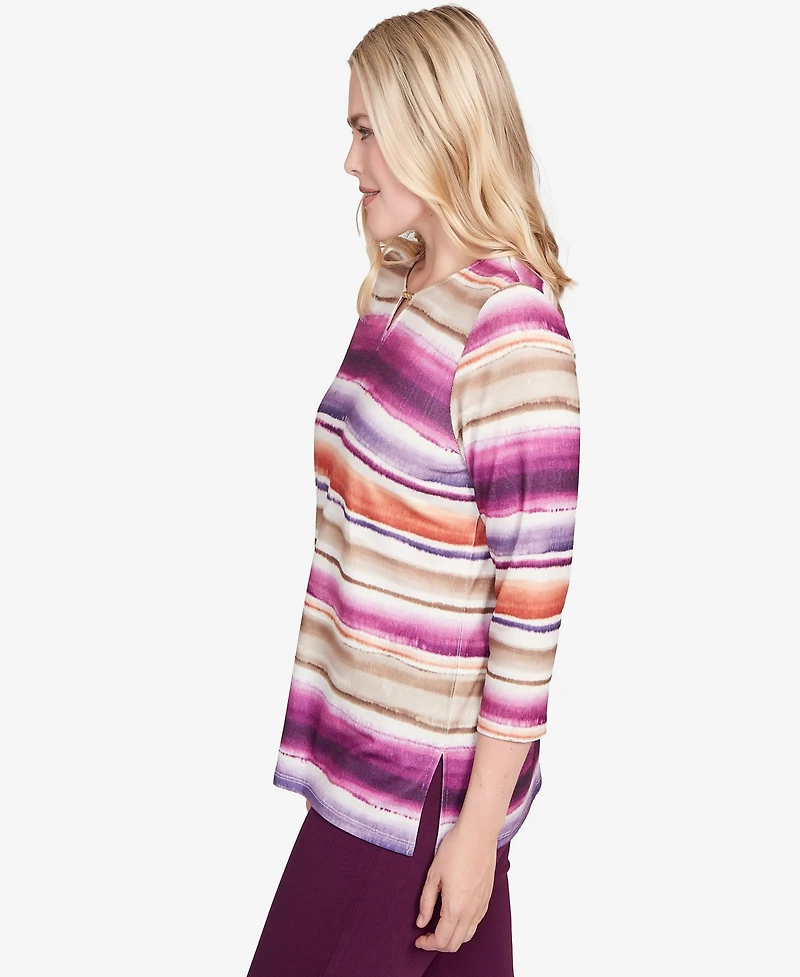 Alfred Dunner Women's Urban Legend Watercolor Biadere Beaded Split Neck Top