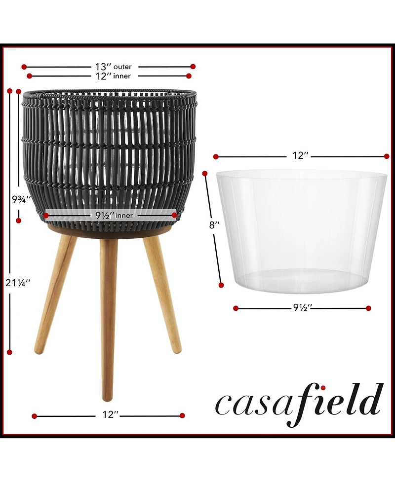 Casafield Floor Planter with Wood Legs Natural, Basket Stand, Large Plant Pot Cover Liner