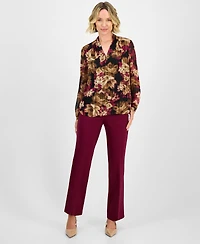 Kasper Floral-Print V-Neck Long-Sleeve Blouse, Regular & Petites