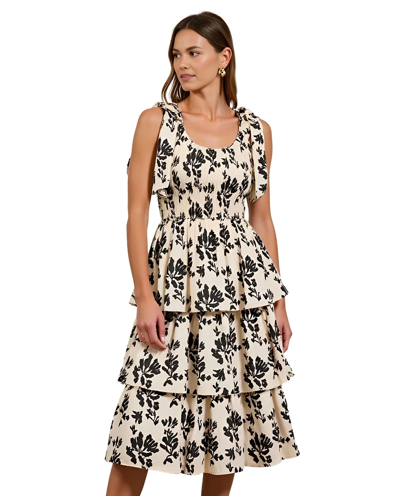 Modenaire Women's Smocked Tiered Bow-Tie Straps Floral Midi Dress