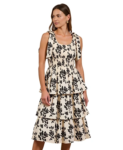 Modenaire Women's Smocked Tiered Bow-Tie Straps Floral Midi Dress