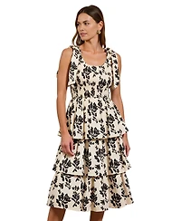 Modenaire Women's Smocked Tiered Bow-Tie Straps Floral Midi Dress