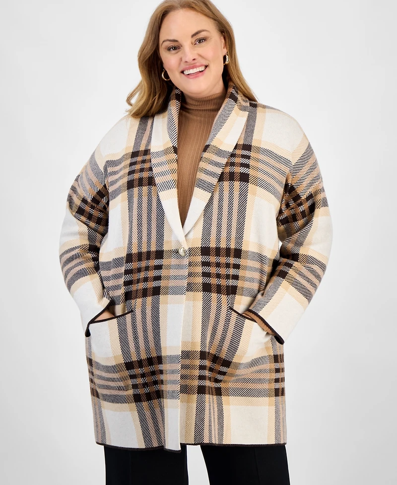 Jones New York Plus Plaid Shawl-Collar Coatigan