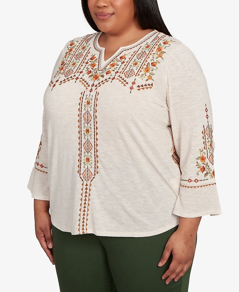 Alfred Dunner Plus Mount Laurel Geometric Floral Embroidery Printed Top