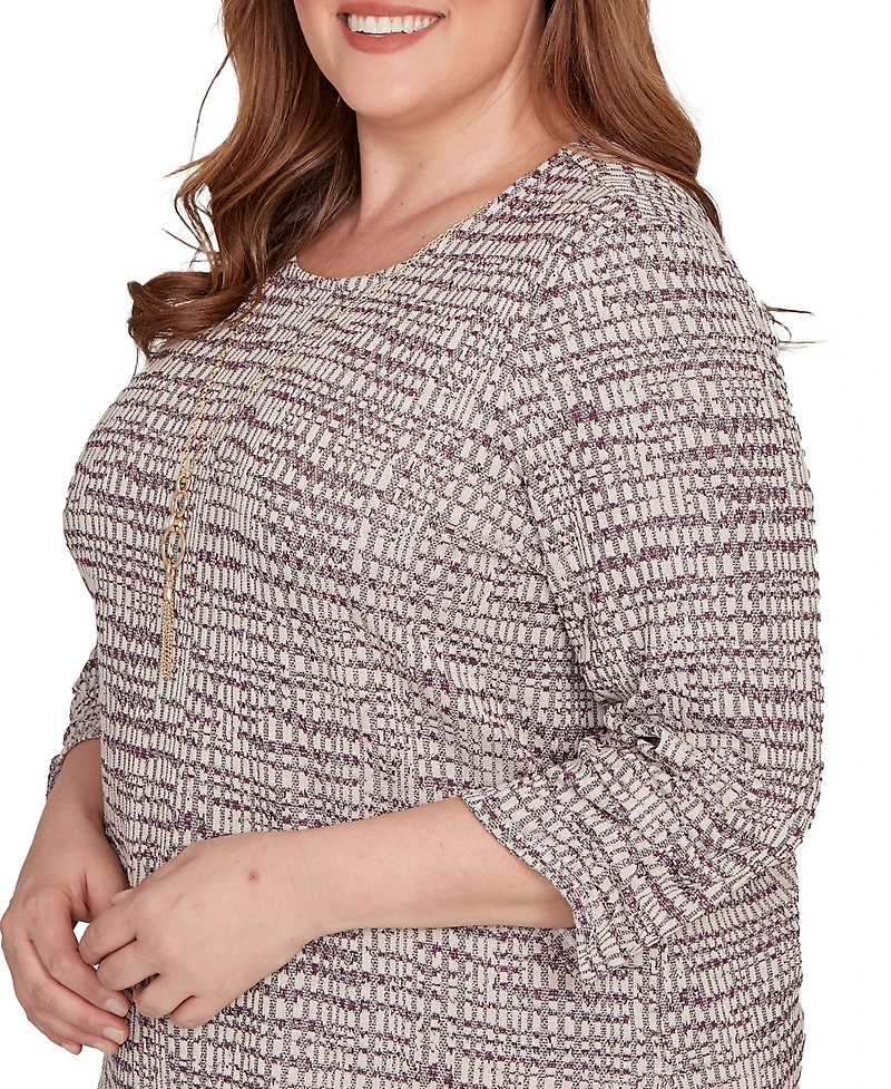 Alfred Dunner Plus Urban Legend Textured Shimmer Space Dye Top with Necklace