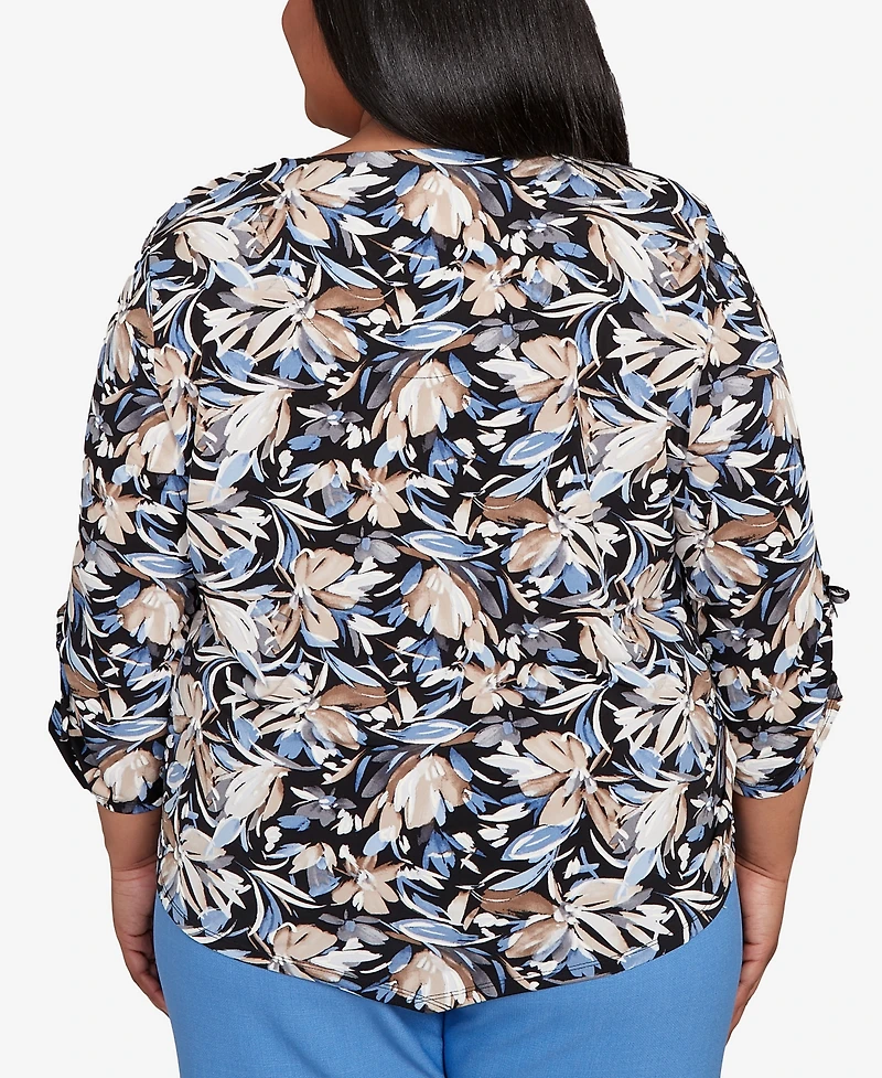 Alfred Dunner Plus As Usual Tie Sleeve Brushstroke Floral Knit Top