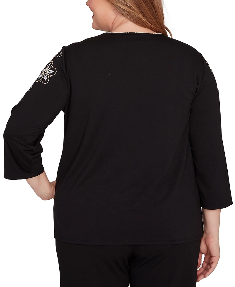 Alfred Dunner Plus As Usual Gold Floral Embroidered Three Quarter Sleeve Top