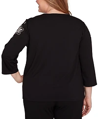 Alfred Dunner Plus As Usual Gold Floral Embroidered Three Quarter Sleeve Top