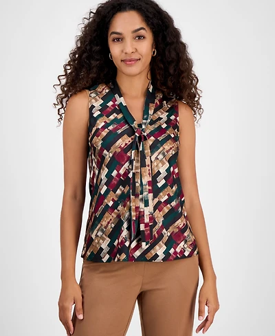 Kasper Geo-Print Satin Tie-Neck Sleeveless Top, Regular & Petites