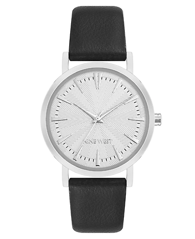 Nine West Women's Quartz Signature Black Leather and Silver-Tone Watch, 34mm