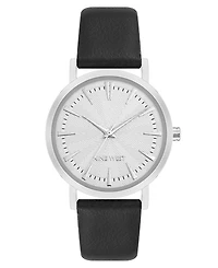 Nine West Women's Quartz Signature Black Leather and Silver-Tone Watch, 34mm