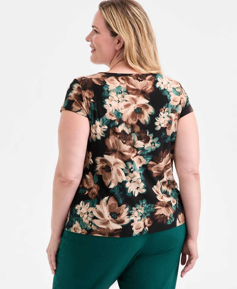 Kasper Plus Printed Cowlneck Blouse