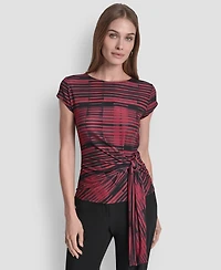 Dkny Women's Printed Jersey Waist Tie Detail Knit Top