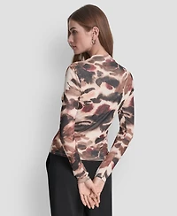 Dkny Women's Fitted Funnel Neck Tissue Mesh Long Sleeve Top