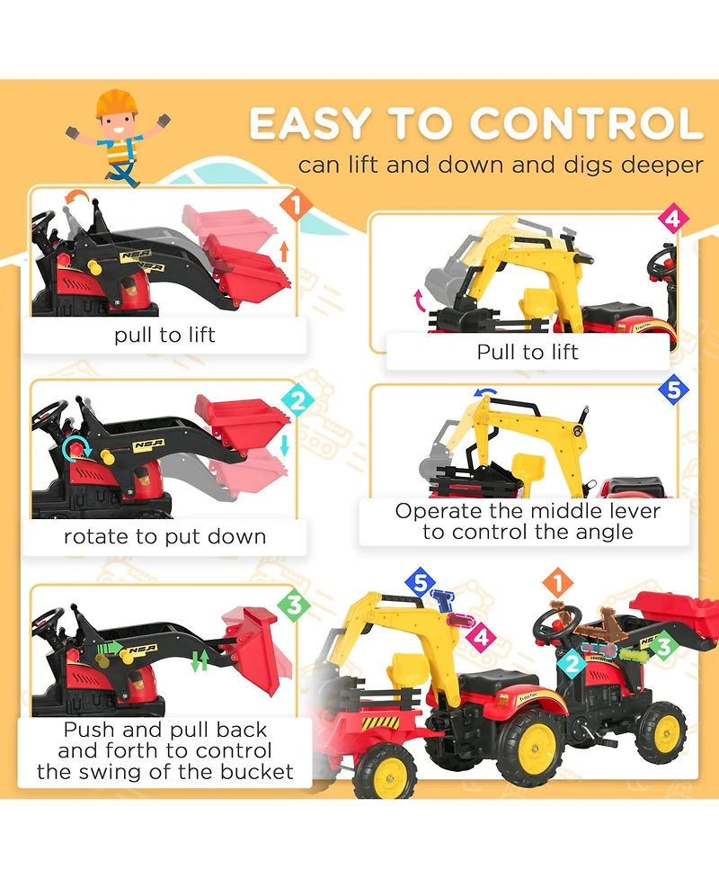 Aosom Kids Ride On Excavator/Bulldozer, Pedal Car Digger Toy
