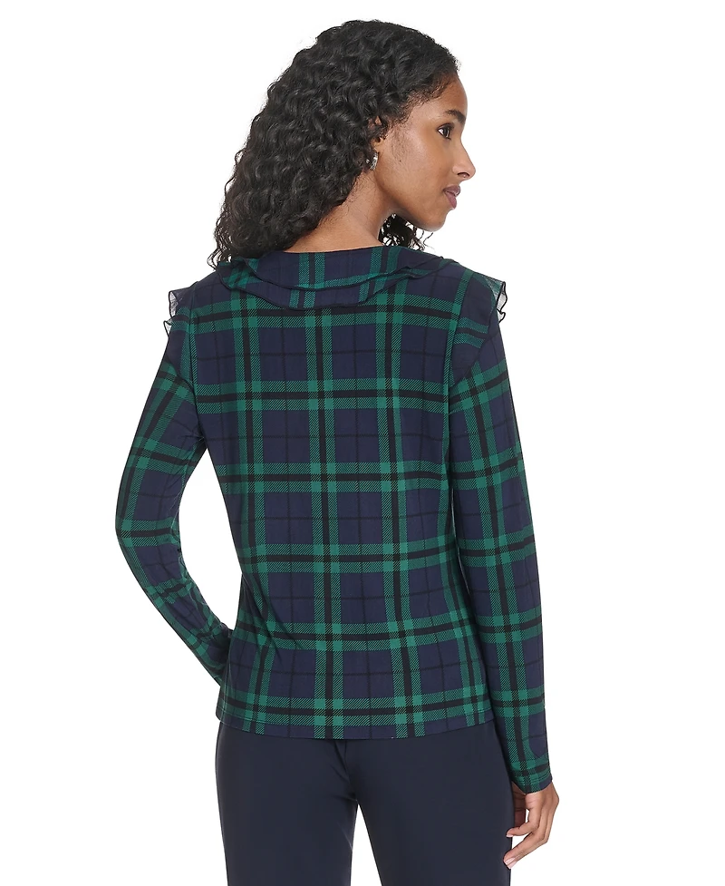 Tommy Hilfiger Women's Long Sleeve Plaid Mixed Media Ruffle Top