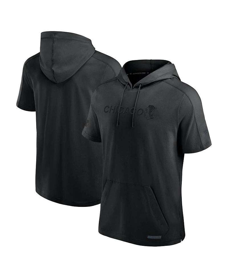 Fanatics Men's Black Chicago Blackhawks Authentic Pro Road Lightweight Short Sleeve Pullover Hoodie