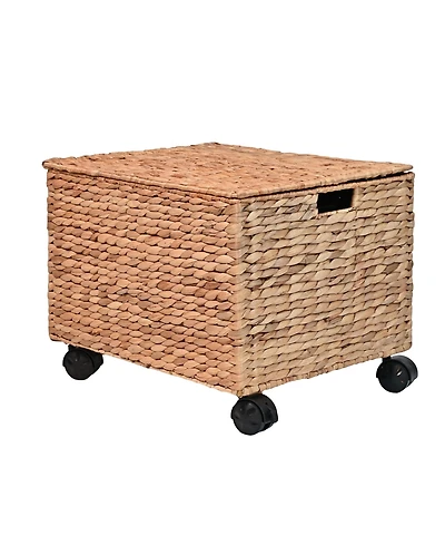 Happimess Ashton 18.11" Classic Farmhouse Hand-Woven Hyacinth Rolling Filing Basket with Lid and 360 Degree Lockable Wheels