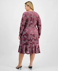 London Times Plus Floral Long-Sleeve Flounce-Hem Midi Dress