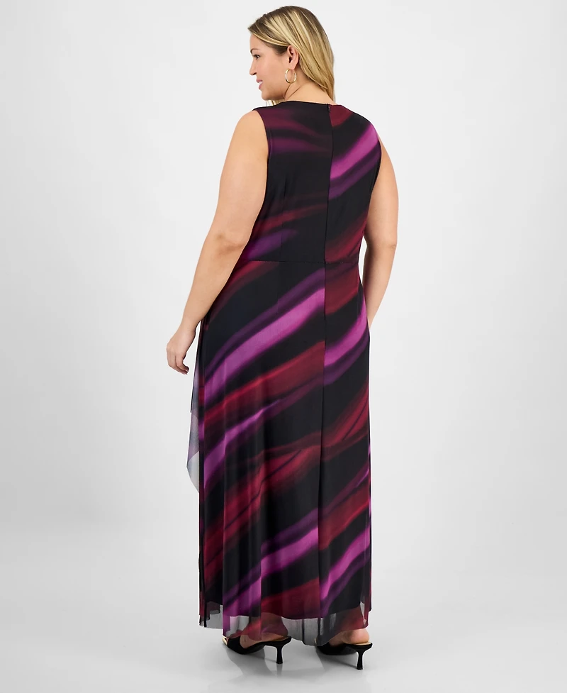 London Times Plus Floral Long-Sleeve Flounce-Hem Midi Dress
