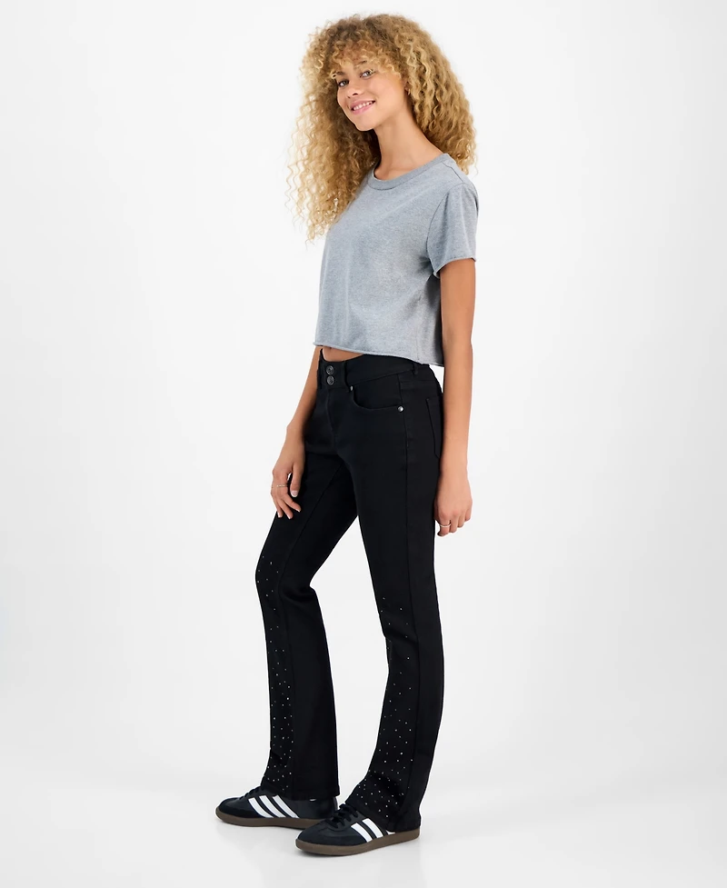 Madden Girl Juniors' Rhinestone Embellished Mid Rise Bootcut Jeans