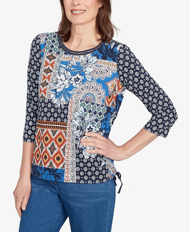 Alfred Dunner Petite Batik Patchwork Drawstring Closure Top