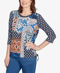 Alfred Dunner Petite Batik Patchwork Drawstring Closure Top