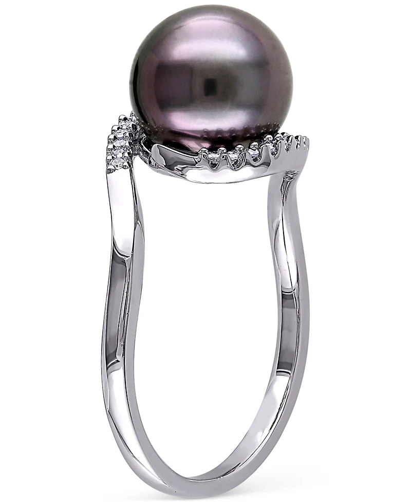 Cultured Black Tahitian Pearl (9mm) & Diamond (1/10 ct. t.w.) Swirl Ring Sterling Silver