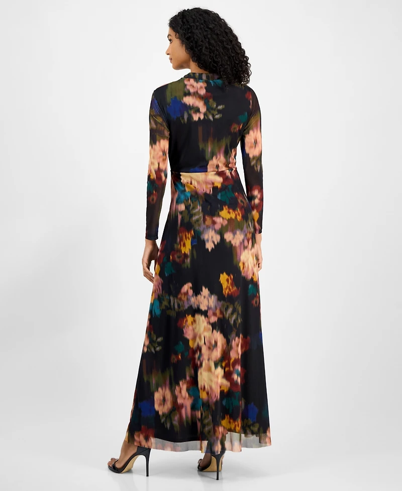 Anne Klein Women's Printed Twist-Front Long-Sleeve Maxi Dress