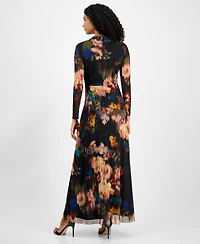 Anne Klein Women's Printed Twist-Front Long-Sleeve Maxi Dress
