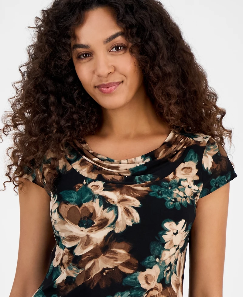 Kasper Women's Printed Cowl Neck Cap Sleeve Top