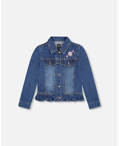 Deux par Girl Denim Jacket Blue with Ruffle Hem and Floral Embroidery - Toddler|Child