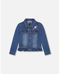Deux par Girl Denim Jacket Blue with Ruffle Hem and Floral Embroidery - Toddler|Child