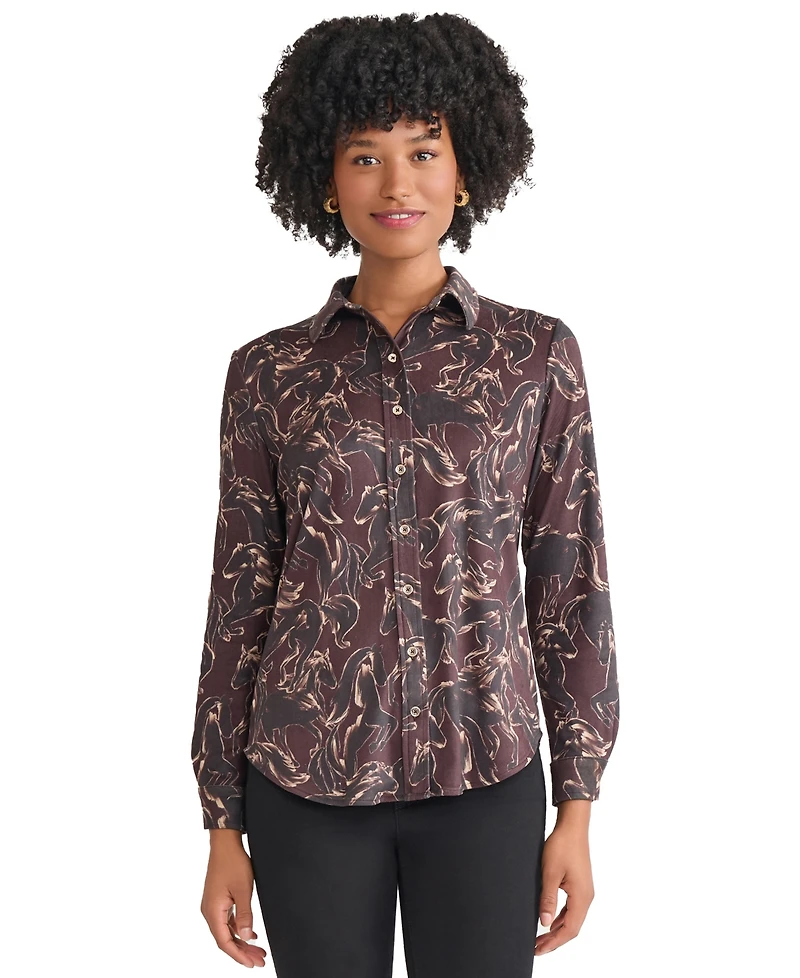 Jones New York Women's Printed Long Sleeve Button Front Top