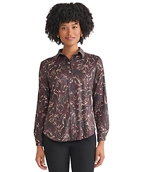 Jones New York Women's Printed Long Sleeve Button Front Top