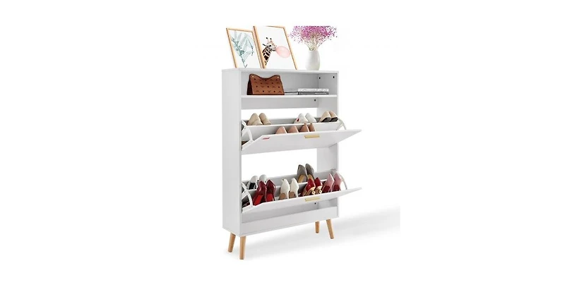 Slickblue Freestanding Shoe Storage Cabinet with 2 Flip Drawers and Open Top Cubby Shelf
