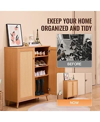 Slickblue Rattan Shoe Cabinet with 2 Doors, 5-Tier Shoe Organizer with Adjustable Shelves