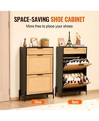 Slickblue Narrow Rattan Shoe Cabinet with 2 Flip Drawers and 1 Slide Drawer, Metal Legs