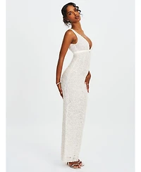 Miss Circle Women's Adelaide White Beaded Sequin Net Bodycon Gown