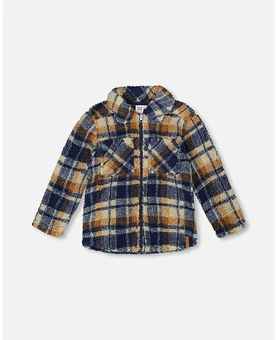 Deux par Boy Sherpa Long Sleeve Zip Front Overshirt Blue and Brown Plaid
