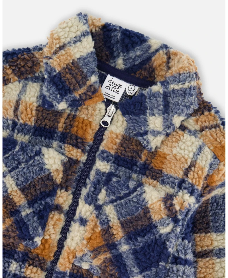 Deux par Boy Sherpa Long Sleeve Zip Front Overshirt Blue and Brown Plaid