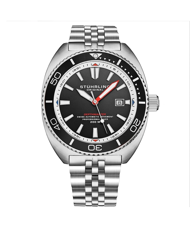 Stuhrling 1008 Men s Automatic Watch Swiss Movement Tonneau Stainless Steel Case Black Dial Bezel Jubilee Bracelet 200M Water Resistant Date Window