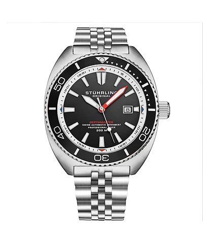 Stuhrling 1008 Men s Automatic Watch Swiss Movement Tonneau Stainless Steel Case Black Dial Bezel Jubilee Bracelet 200M Water Resistant Date Window