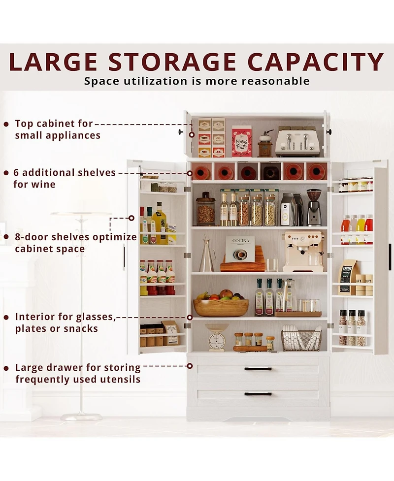 Ironck Kitchen Pantry 72" Height, with Hanging Shelves, Drawers, White