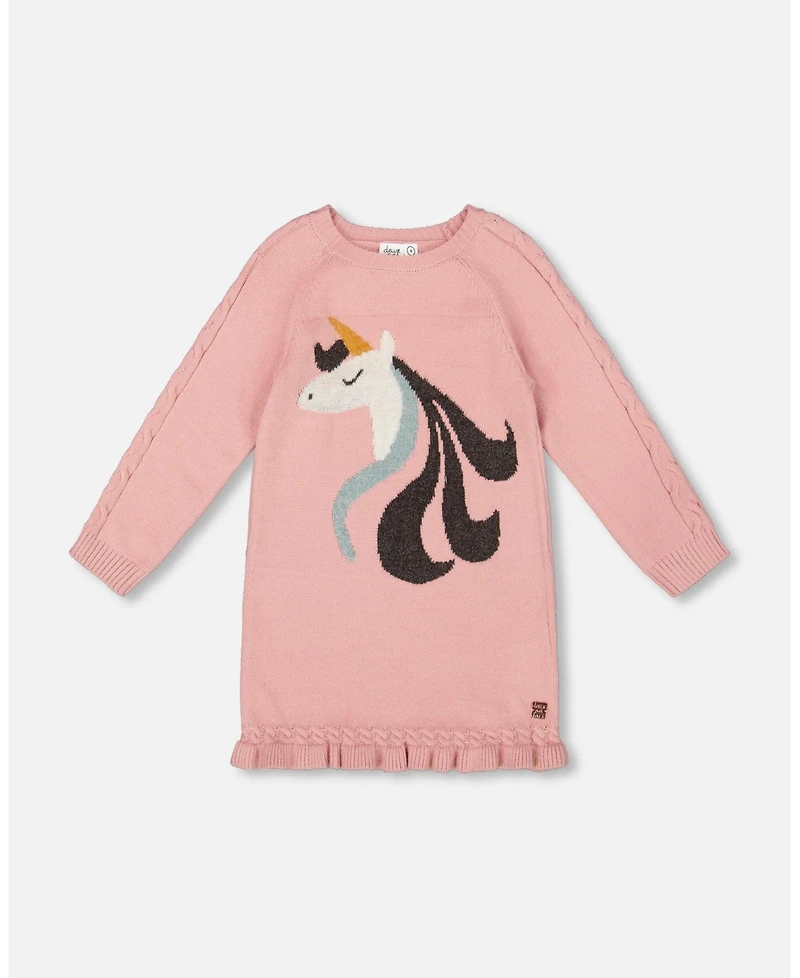 Deux par Girl Knitted Dress Dusty Pink with Unicorn Intarsia