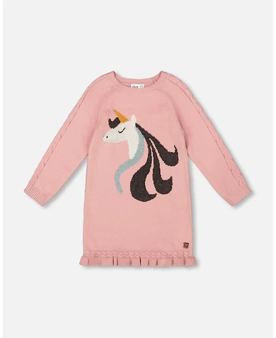 Deux par Girl Knitted Dress Dusty Pink with Unicorn Intarsia