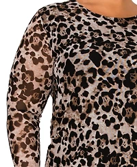 Coin 1804 Plus Leopard Mesh Scoop Neck Long Sleeve Top