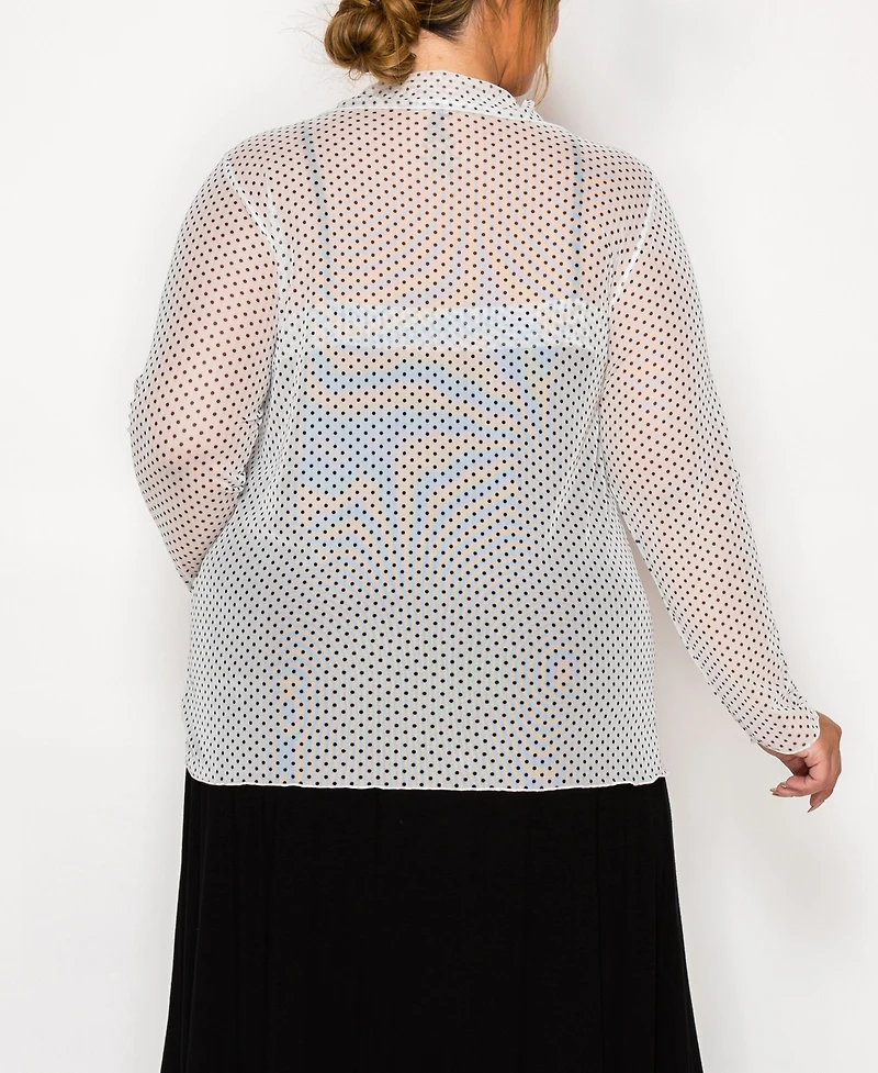 Coin 1804 Plus Dot Mesh Button Front Long Sleeve Top