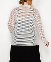 Coin 1804 Plus Dot Mesh Button Front Long Sleeve Top
